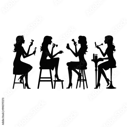 Black and white silhouette of elegant women sitting on stools and applying makeup with various beauty brushes