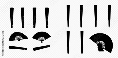 Set of black hand fans in various positions, open and closed, isolated on a transparent background.