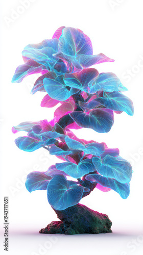 Neon plant glowing leaf abstract tree fantasy nature vibrant color cyberpunk art futuristic flora surreal botanical sculpture radiant light