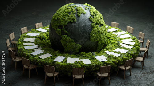 Sustainable world green planet environmental meeting global cooperation eco conference moss earth round table climate discussion international
