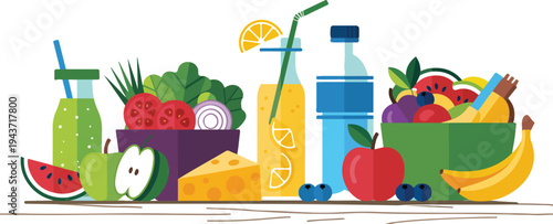 Healthy food flat design banner with fresh fruits vegetables and nutrition concept vector illustration isolatedPrint