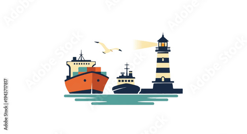 Maritime scene ships lighthouse and seagull illustration