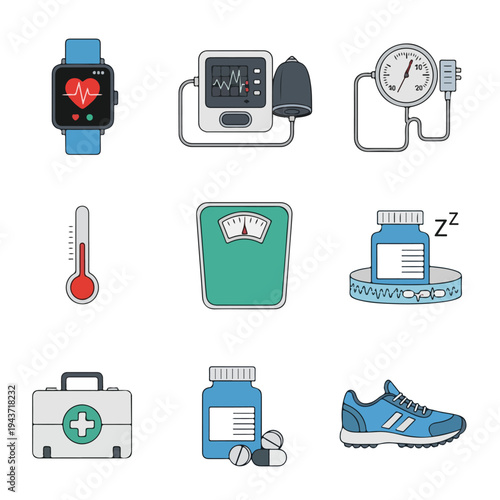 Icons of various medical, health, and fitness related items