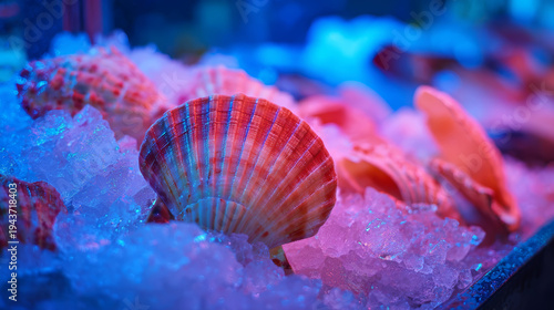 Scallop shell seafood ice market fresh colorful blue red closeup scallop shell seafood crushed ice colorful blue red light creating vibrant fresh