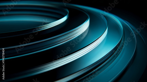 Abstract circle pattern background, metallic curve, blue light, futuristic line detail, modern wave shape, shiny surface tension, digital motion