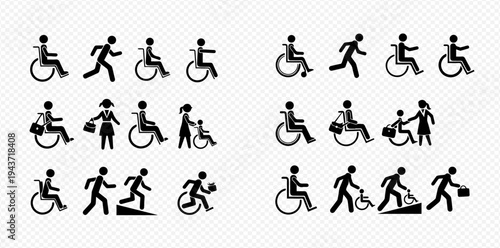 Set of black and white icons representing people with disabilities and accessibility symbols.