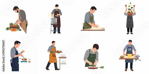Set of diverse male chefs and cooks performing various culinary tasks like chopping, stirring, kneading, and plating, in a clean flat illustration style.