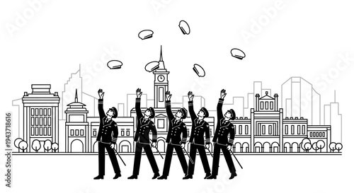 Group of men in uniform throwing hats in the air in front of city skyline