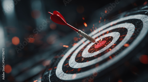 Target dart bullseye accuracy focus success achievement motivation red dart hitting bullseye on dark target with energy spark effect