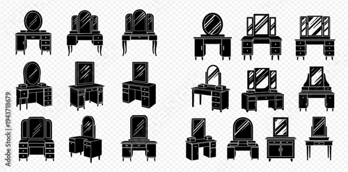 Set of black silhouettes of dressing tables with mirrors, vanity furniture collection.