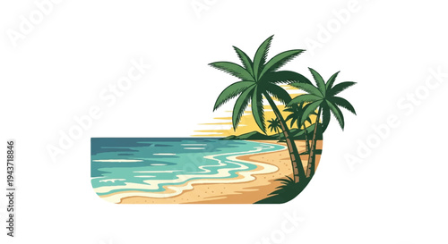 Coastal illustration with palm trees and sandy beach scene