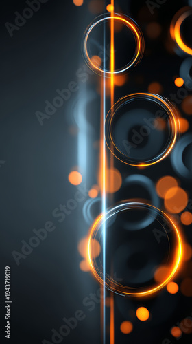 Abstract orange blue neon circle bokeh light, futuristic glowing ring pattern, vertical dark background mood