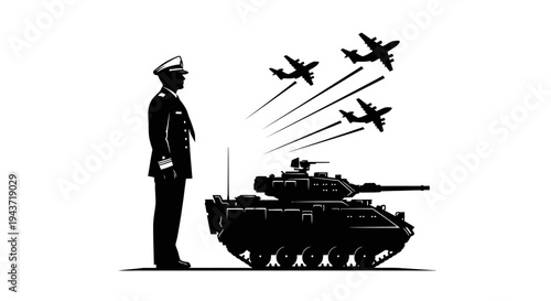 Military Officer Inspects Tank and Airplanes, Symbolizing Defense and Power
