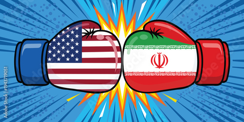 Boxing Gloves: A stylized graphic representing the tension and conflict between two nations, as illustrated by their national flags on boxing gloves. 