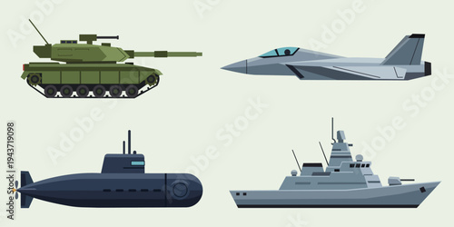 Military Arsenal: Depicting a modern military arsenal, this image showcases a tank, fighter jet, submarine, and warship, each symbolizing strength, technology, and readiness.