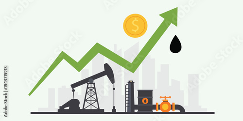 Oil Price Rise: An illustrative depiction of oil industry with an upward-trending green arrow signifies the rise in oil prices, accompanied by oil rig.