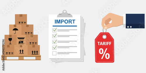 Import Tariff: A conceptual representation of international trade. Shows cardboard box stack, import document, and a hand with a tariff tag