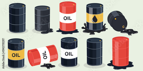 Oil Barrels: An illustration showcasing a variety of oil barrels with distinctive colors and labels, some upright and others spilled, conveying themes of industry, pollution, and resources.
