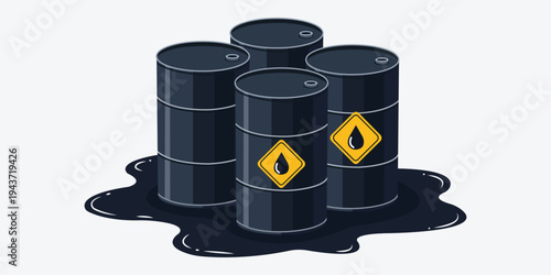 Oil Barrels and Spill: Illustrated image of black oil barrels symbolizing the oil industry and its potential environmental impact, with a spill reflecting environmental concern.