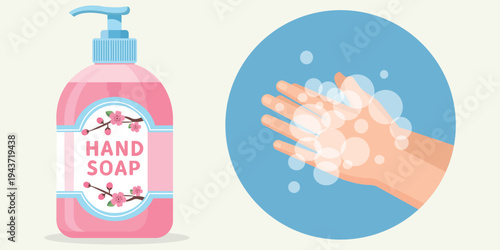 Hand Soap and Handwashing: A clean, clear illustration depicting a hand soap dispenser and a hand washing, promoting hygiene and health.