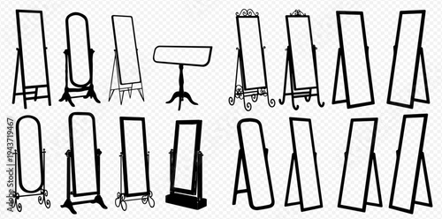 Set of various full-length floor mirrors with different frames and stands, isolated on white background.