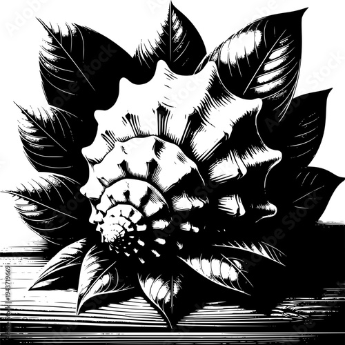 Black and white abstract floral design with tribal tattoo style wings and bird elements illustration