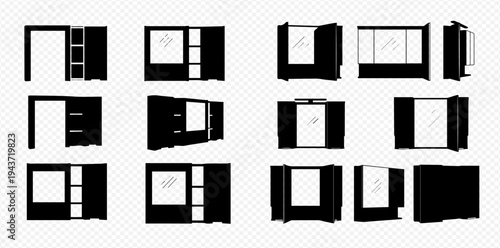 Set of black and white silhouettes of modern wardrobes and cabinets with open and closed doors, isolated on a transparent background.