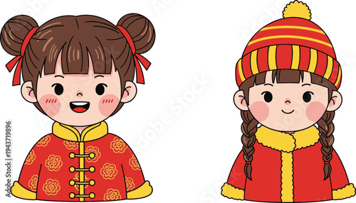 Two cute little Chinese girls in traditional red lunar new year outfits and winter clothes isolated on white background for spring festival design