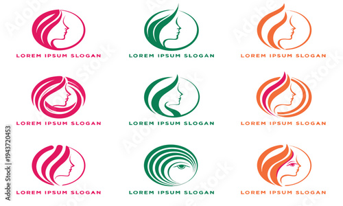A collection of circular logo designs featuring a woman s profile with flowing hair high quality