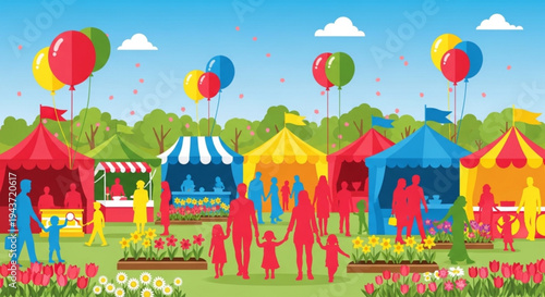 Vibrant outdoor festival with colorful tents balloons and people in a lush green field with flowers