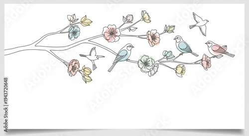 Colorful birds perch on blooming flowers and branches with leaves on white background symbolizing spring and freedom