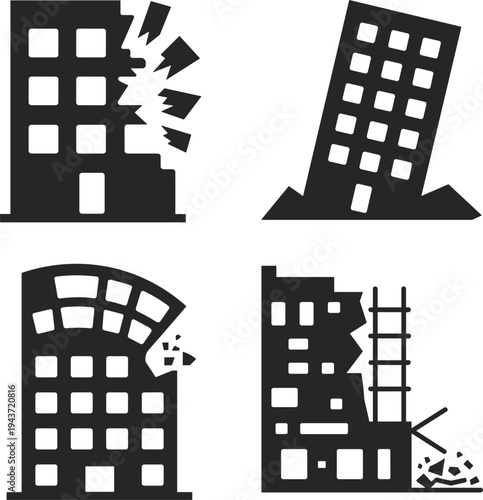Damaged building icons showing earthquake destruction and collapse silhouette set isolated on white background vector