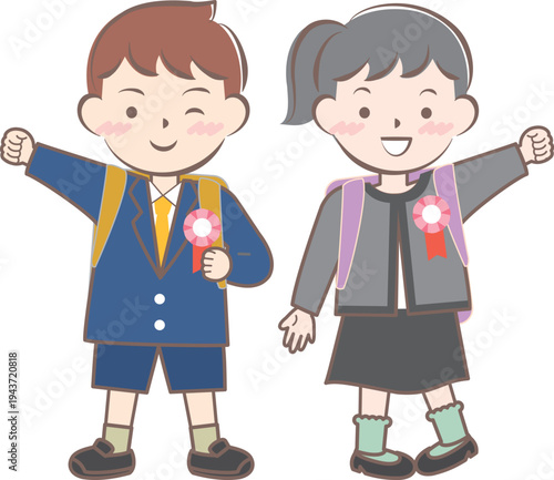 ランドセルを背負った新一年生の子供たち