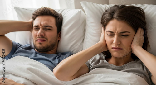 Couple in bed covering ears from noise with distressed expressions image