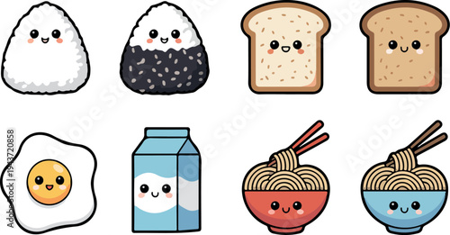 Cute Japanese breakfast food characters collection featuring onigiri toast fried egg milk and natto kawaii style vector illustration set