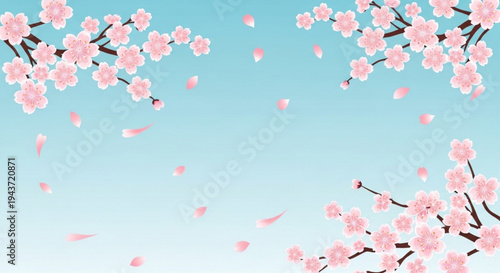 Pink cherry blossoms on branches with falling petals against a gradient blue sky background symbolizing spring and renewal