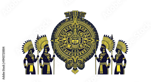 Aztec Calendar Stone Sun Symbol with Warriors Holding Spears and Feathers