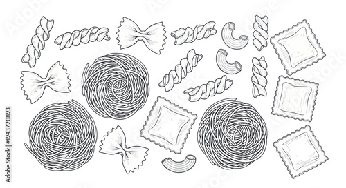 Assorted Dried Pasta Shapes Collection, Hand-Drawn Illustration