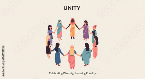Diverse women in colorful clothes holding hands in unity circle celebrating diversity and fostering equality