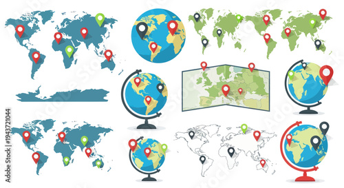 World Map and Globes with Location Pins - Global Travel and Navigation Icons