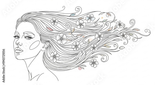 Woman with long flowing hair and flowers in a whimsical line art illustration on white background