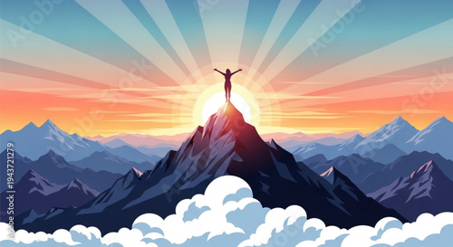 Person standing triumphantly on mountain peak at sunrise with arms raised in victory and freedom