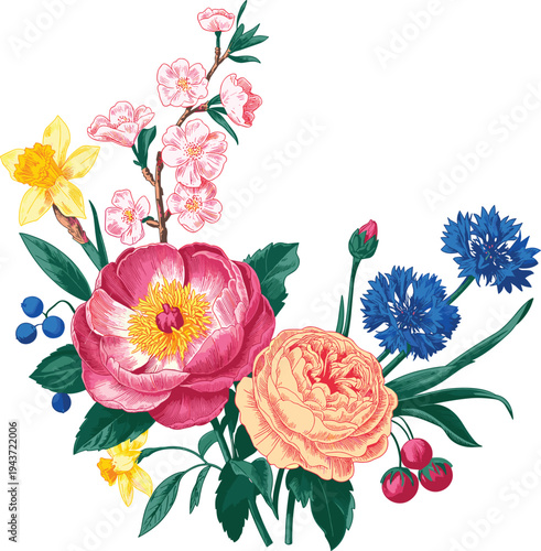 Beautiful vintage floral bouquet vector illustration featuring peonies roses and cornflowers isolated on white background