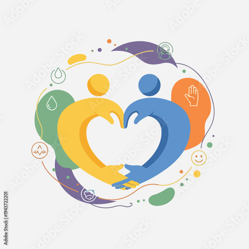 Colorful illustration with human shapes forming a heart shape