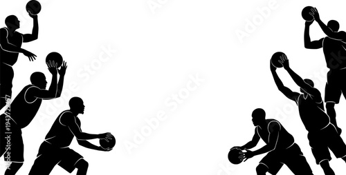 Dynamic basketball player silhouettes in various action poses, showcasing competitive spirit and athletic energy