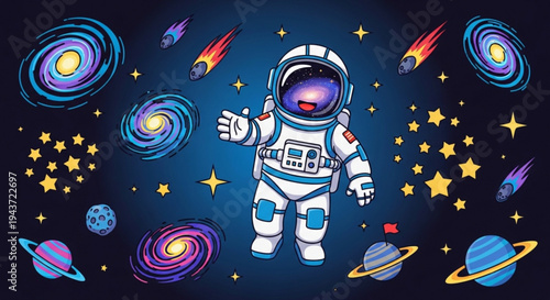 Astronaut Cartoon in Space: An illustrated astronaut playfully ventures through a vibrant, cartoon-style depiction of the cosmos, amidst swirling galaxies and celestial bodies.