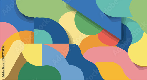 Colorful, layered geometric shapes in shades of blue, green, and yellow