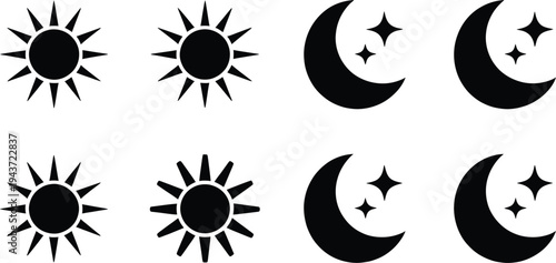 A set of four icons depicting the sun and moon with stars, representing day and night cycles