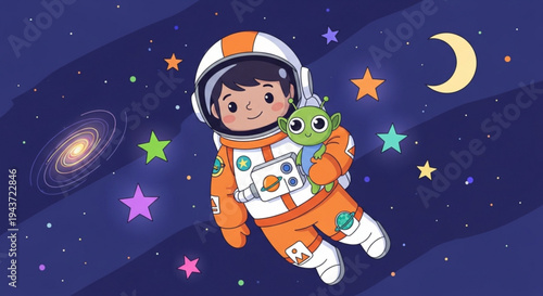 Cosmic Explorer and Friend: An astronaut embarks on an imaginative journey through the cosmos, accompanied by a friendly alien companion, floating amidst celestial wonders.