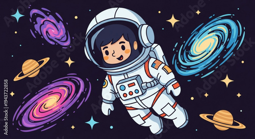 Astronaut in the Cosmos: An astronaut, floating weightlessly in the vibrant expanse of outer space, surrounded by celestial bodies like swirling galaxies and distant planets.